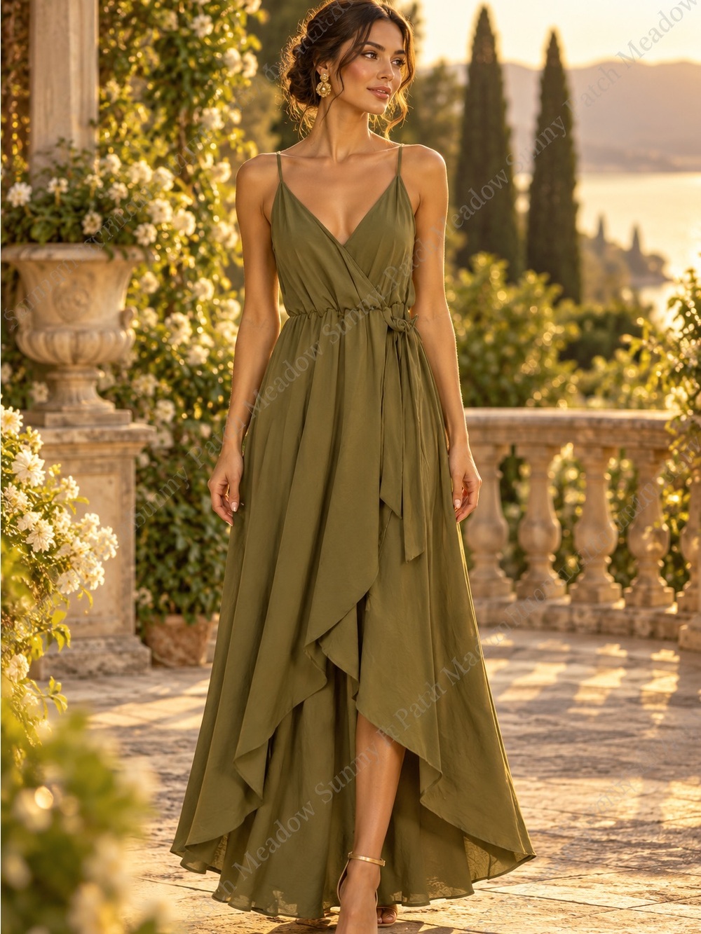 Olive Green Asymmetrical Wrap Maxi Dress with Spaghetti Straps